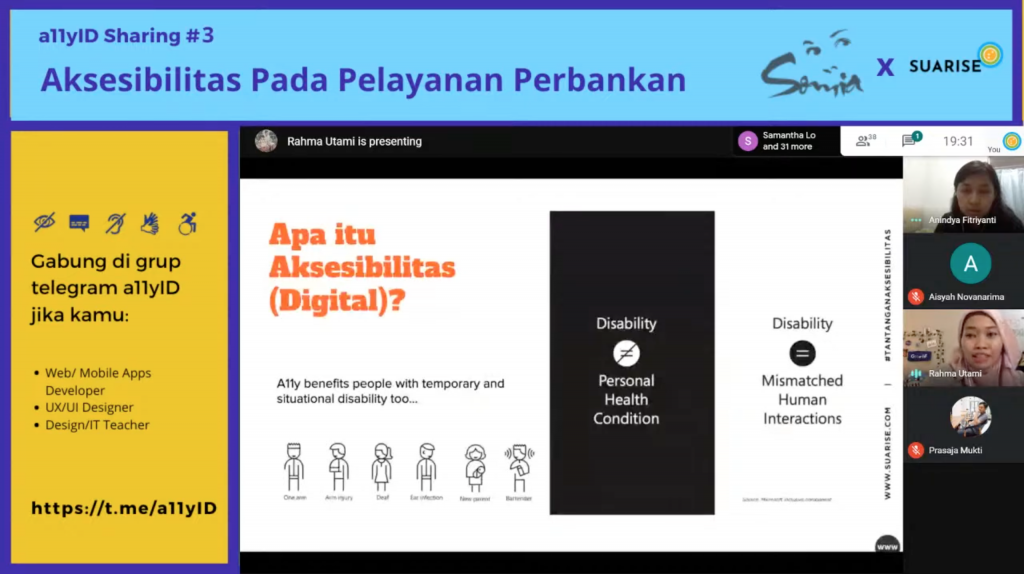 Screenshot youtube sesi A11yID kolaborasi Suarise dengan Somia CX - Accessibility dan Service Design di Perbankan. Layar sedang menjelaskan Rahma dari Suarise menjelaskan slide yang berisi korelasi service design dengan aksesibiiltas. 