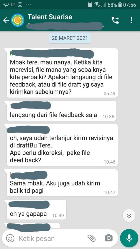 Contoh tangkapan layar korespondensi tim suarise dengan taletns content writer tunanetra