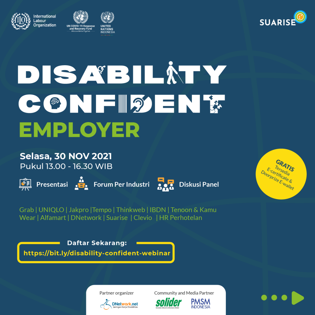 Poster Suarise Disability Confident Employer webinar, Selasa 30 NOvember Pukul 13.00-16.30 WIB