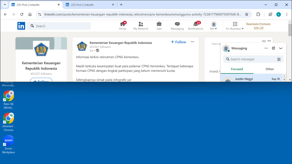 Postingan linkedin Kemenkeu berisi informasi formasi CPNS 2024 yang sepi peminat