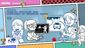 Panel style comic illustration with various polkadot-multi colour pattern. One panel filled with illustration of various PwD play game with variety means of accomodation, from adaptive controller, joystick, to sound.