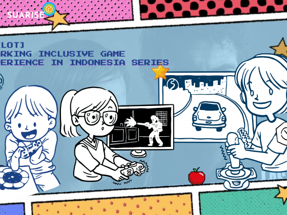 Panel style comic illustration with various polkadot-multi colour pattern. One panel filled with illustration of various PwD play game with variety means of accomodation, from adaptive controller, joystick, to sound.