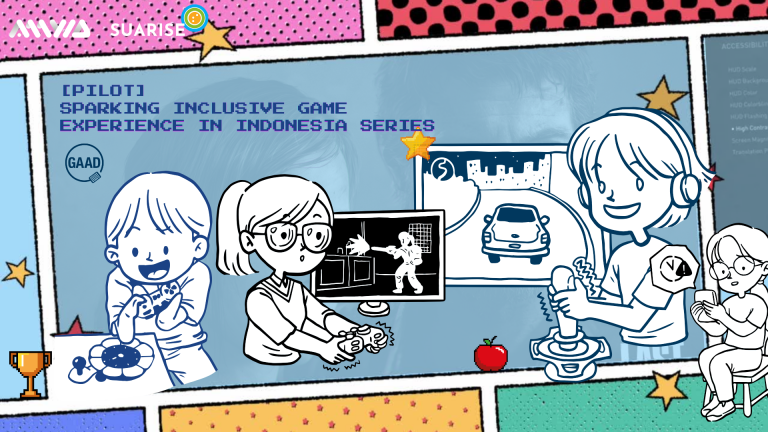 Panel style comic illustration with various polkadot-multi colour pattern. One panel filled with illustration of various PwD play game with variety means of accomodation, from adaptive controller, joystick, to sound.